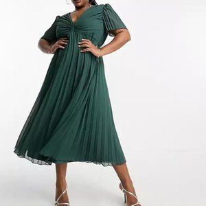 NEW ASOS DESIGN CURVE Flutter Sleeve Pleat Midi Dress Size 26